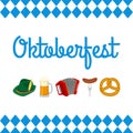 Oktoberfest banner with festival icons. Beer festival background with beer mug, pretzel, accordion, Bavarian hat, and sausage. Vec